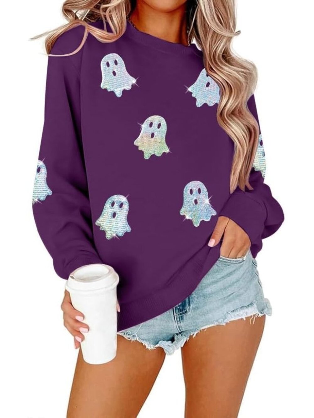 🆕 Women's Purple Sequin Ghost Crewneck Halloween Spooky Sweatshirt Graphic Top
